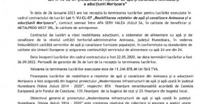 APA SERV VALEA JIULUI S.A. finalizează lucrările executate în  cadrul contractului de lucrări „Reabilitare aducțiune, rețele de apă și canalizare  în UAT Aninoasa și UAT Vulcan” –  Lot 1: VJ-CL-07 „Reabilitarea rețelelor de apă și canalizare Aninoasa și  a aducțiunii Morișoara”